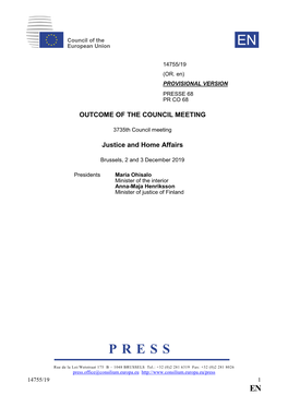 OUTCOME of the COUNCIL MEETING Justice and Home Affairs