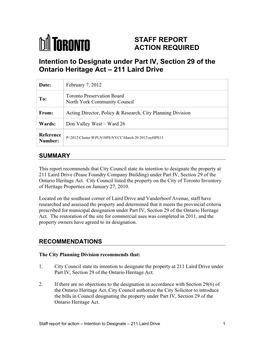 Intention to Designate Under Part IV, Section 29 of the Ontario Heritage Act – 211 Laird Drive