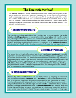 The Scientific Method the Scientific Method Is a Process Used by Scientists to Study the World Around Them