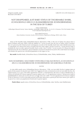 Status of the Bramble Shark, Echinorhinus Brucus (Elasmobranchii: Echinorhinidae) in the Seas of Turkey