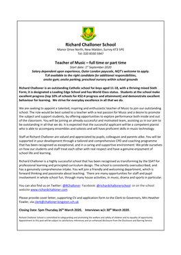 Richard Challoner School Manor Drive North, New Malden, Surrey KT3 5PE Tel: 020 8330 5947