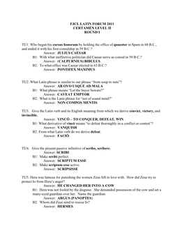 Fjcl Latin Forum 2011 Certamen Level Ii Round I