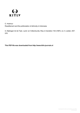 C. Hoshour Resettlement and the Politicization of Ethnicity in Indonesia In: Bijdragen Tot De Taal-, Land- En Volkenkunde, Riau