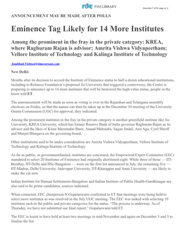 Eminence Tag Likely for 14 More Institutes