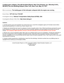 Landing Gear Collapse, Aircraft Accident Report, New York Airways, Inc