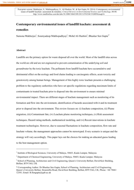 Contemporary Environmental Issues of Landfill Leachate Assessment & Remedies Crit