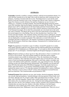 AUSTRALIA Geography:Australia Is Smallest, Youngest Continent, with the Lowest Population Density. It Is Often Said That Austral
