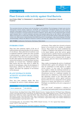 Plant Extracts with Activity Against Oral Bacteria Jacob Mathew Philip1*, K