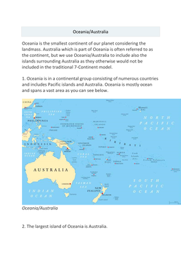 Oceania/Australia Oceania Is the Smallest Continent of Our Planet