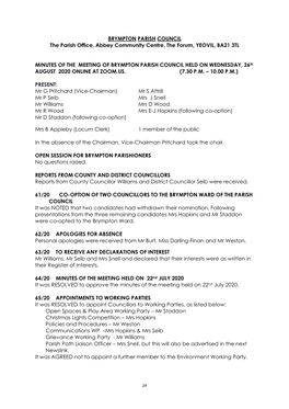 BRYMPTON PARISH COUNCIL the Parish Office, Abbey Community Centre, the Forum, YEOVIL, BA21 3TL MINUTES of the MEETING of BRYMPT