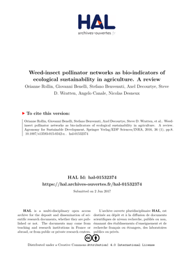 Weed-Insect Pollinator Networks As Bio-Indicators of Ecological Sustainability in Agriculture