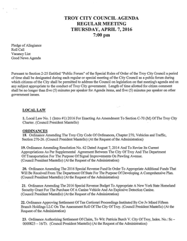 TROY CITY COUNCIL AGENDA REGULAR MEETING THURSDAY, APRIL 7, 2016 7:00Pm