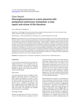 Case Report Chorangiocarcinoma in a Term Placenta with Postpartum Pulmonary Metastasis: a Case Report and Review of the Literature