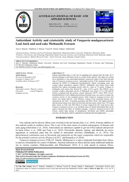 Antioxidant Activity and Cytotoxicity Study of Vangueria Madagascariensis Leaf, Bark and Seed Cake Methanolic Extracts