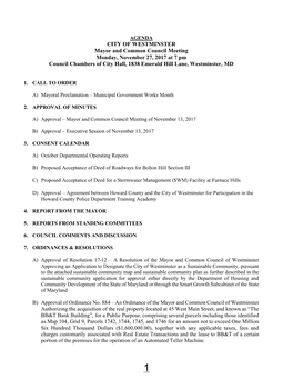 CITY of WESTMINSTER Mayor and Common Council Meeting Monday, November 27, 2017 at 7 Pm Council Chambers of City Hall, 1838 Emerald Hill Lane, Westminster, MD