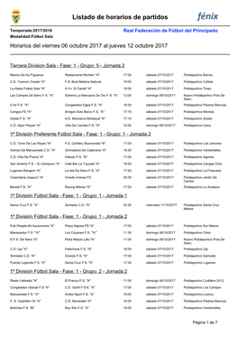 Listado De Horarios De Partidos