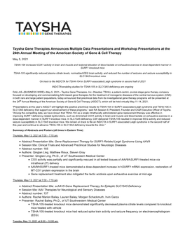 Taysha Gene Therapies Announces Multiple Data Presentations and Workshop Presentations at the 24Th Annual Meeting of the American Society of Gene & Cell Therapy