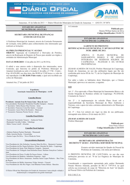 Amazonas , 01 De Julho De 2013 • Diário Oficial Dos Municípios Do Estado Do Amazonas • ANO IV | Nº 0876