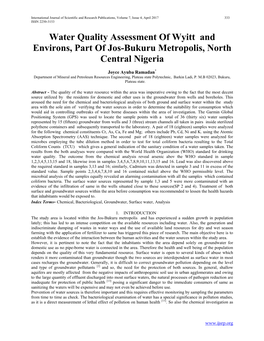 Water Quality Assessment of Wyitt and Environs, Part of Jos-Bukuru Metropolis, North Central Nigeria