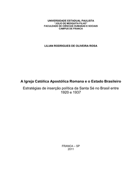 A Igreja Católica Apostólica Romana E O Estado Brasileiro Estratégias De