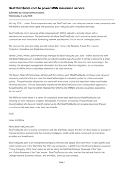 Beatthatquote.Com to Power MSN Insurance Service Submitted By: Gong Communications Wednesday, 9 July 2008