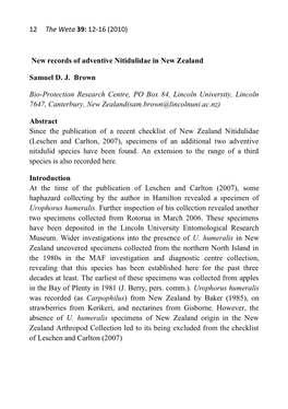 12 the Weta 39: 12-16 (2010) New Records of Adventive Nitidulidae In