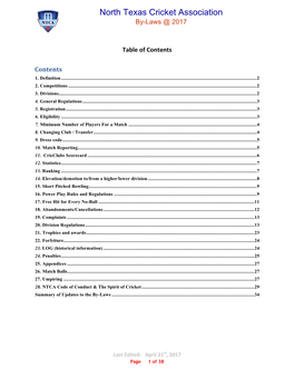 North Texas Cricket Association By-Laws @ 2017