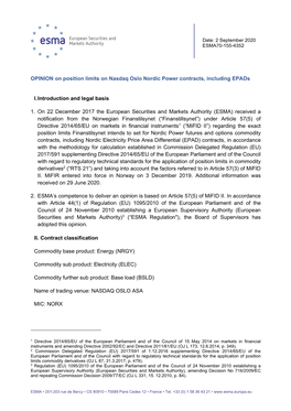 Opinion on Position Limits on Nordic Power Contract