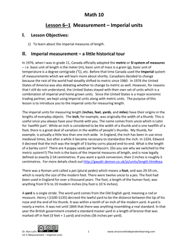 Math 10 Lesson 6–1 Measurement – Imperial Units