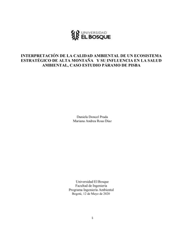 Interpretación De La Calidad Ambiental De Un Ecosistema Estratégico De Alta Montaña Y Su Influencia En La Salud Ambiental, Caso Estudio Páramo De Pisba