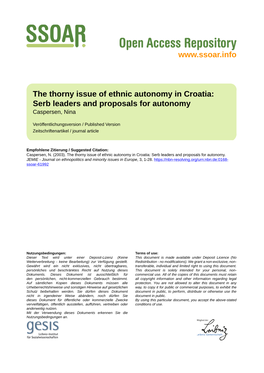 The Thorny Issue of Ethnic Autonomy in Croatia: Serb Leaders and Proposals for Autonomy Caspersen, Nina