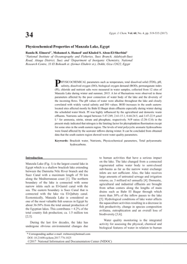 Physicochemical Properties of Manzala Lake, Egypt Randa R