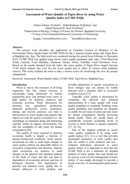 Assessment of Water Quality of Tigris River by Using Water Quality Index (CCME WQI)