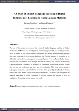 A Survey of English Language Teaching in Higher Institutions of Learning in Kuala Lumpur Malaysia