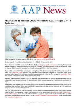 Pfizer Plans to Request COVID-19 Vaccine EUA for Ages 2-11 in September by Melissa Jenco, News Content Editor