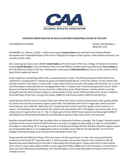 Hofstra's Green Selected As 2015-16 Caa Men's