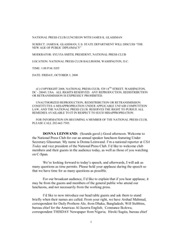 DONNA LEINWAND: (Sounds Gavel.) Good Afternoon. Welcome to the National Press Club for Our an Annual Speaker Luncheon Featuring Under Secretary Glassman