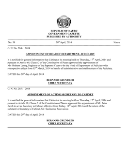 REPUBLIC of NAURU GOVERNMENT GAZETTE PUBLISHED by AUTHORITY ------No