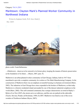 Marktown: Clayton Mark’S Planned Worker Community in Northwest Indiana