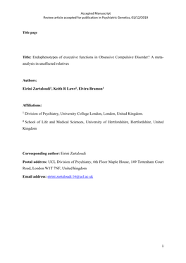 Endophenotypes of Executive Functions in Obsessive Compulsive Disorder? a Meta- Analysis in Unaffected Relatives