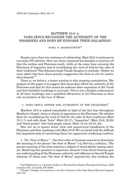 Matthew 23:2–4: Does Jesus Recognize the Authority of the Pharisees and Does He Endorse Their Halakhah?