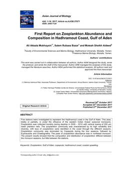 First Report on Zooplankton Abundance and Composition in Hadhramout Coast, Gulf of Aden