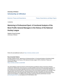Mentoring in Professional Sport: a Functional Analysis of the Most Prolific General Managers in the History of the National Hockey League