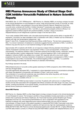 MEI Pharma Announces Study of Clinical Stage Oral CDK Inhibitor Voruciclib Published in Nature Scientific Reports