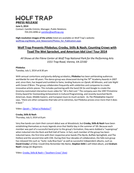 PRESS RELEASE June 5, 2014 Contact: Camille Cintrón, Manager, Public Relations 703.255.4096 Or Camillec@Wolftrap.Org