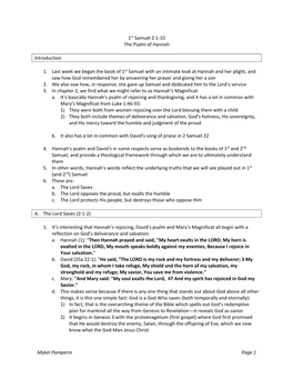 Mykel Pamperin Page 1 1St Samuel 2:1-10 the Psalm