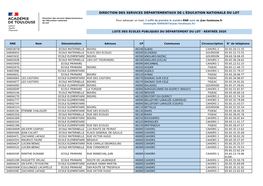 Liste Des Écoles Publiques Du Département Du Lot - Rentrée 2020