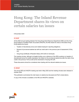 Hong Kong: the Inland Revenue Department Shares Its Views on Certain Salaries Tax Issues