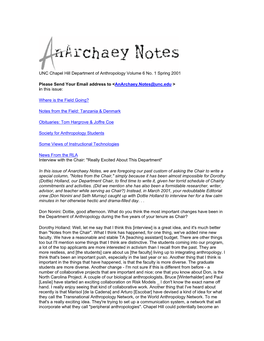 UNC Chapel Hill Department of Anthropology Volume 6 No. 1 Spring 2001 Please Send Your Email Address to <Anarchaey.Notes@Unc