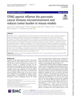 STING Agonist Inflames the Pancreatic Cancer Immune Microenvironment and Reduces Tumor Burden in Mouse Models Weiqing Jing1†, Donna Mcallister2†, Emily P